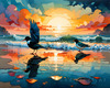 Peaceful Beach at Dusk with Vibrant Sky and Birds Printable Art