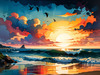Peaceful Beach at Dusk with Vibrant Sky and Birds Printable Art