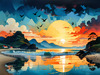 Peaceful Beach at Dusk with Vibrant Sky and Birds Printable Art