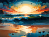 Peaceful Beach at Dusk with Vibrant Sky and Birds Printable Art