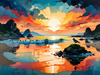 Peaceful Beach at Dusk with Vibrant Sky and Birds Printable Art