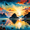Peaceful Beach at Dusk with Vibrant Sky and Birds Printable Art