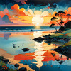 Peaceful Beach at Dusk with Vibrant Sky and Birds Printable Art
