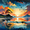 Peaceful Beach at Dusk with Vibrant Sky and Birds Printable Art
