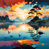Peaceful Beach at Dusk with Vibrant Sky and Birds Printable Art
