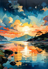 Peaceful Beach at Dusk with Vibrant Sky and Birds Printable Art