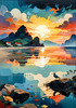 Peaceful Beach at Dusk with Vibrant Sky and Birds Printable Art