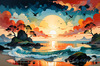 Peaceful Beach at Dusk with Vibrant Sky and Birds Printable Art