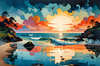 Peaceful Beach at Dusk with Vibrant Sky and Birds Printable Art