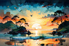 Peaceful Beach at Dusk with Vibrant Sky and Birds Printable Art