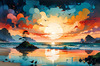 Peaceful Beach at Dusk with Vibrant Sky and Birds Printable Art