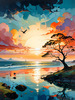 Peaceful Beach at Dusk with Vibrant Sky and Birds Printable Art