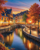 Printable Art of Italian Village Piazza at Evening with Waterfront Reflections and Autumn Foliage