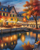 Printable Art of Italian Village Piazza at Evening with Waterfront Reflections and Autumn Foliage