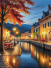 Printable Art of Italian Village Piazza at Evening with Waterfront Reflections and Autumn Foliage