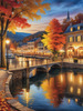 Printable Art of Italian Village Piazza at Evening with Waterfront Reflections and Autumn Foliage