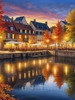 Printable Art of Italian Village Piazza at Evening with Waterfront Reflections and Autumn Foliage