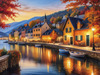 Printable Art of Italian Village Piazza at Evening with Waterfront Reflections and Autumn Foliage