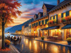 Printable Art of Italian Village Piazza at Evening with Waterfront Reflections and Autumn Foliage