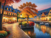 Printable Art of Italian Village Piazza at Evening with Waterfront Reflections and Autumn Foliage