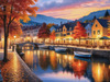 Printable Art of Italian Village Piazza at Evening with Waterfront Reflections and Autumn Foliage