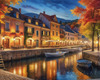 Printable Art of Italian Village Piazza at Evening with Waterfront Reflections and Autumn Foliage