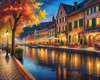 Printable Art of Italian Village Piazza at Evening with Waterfront Reflections and Autumn Foliage