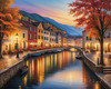 Printable Art of Italian Village Piazza at Evening with Waterfront Reflections and Autumn Foliage