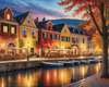 Printable Art of Italian Village Piazza at Evening with Waterfront Reflections and Autumn Foliage