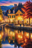 Printable Art of Italian Village Piazza at Evening with Waterfront Reflections and Autumn Foliage