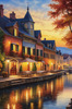 Printable Art of Italian Village Piazza at Evening with Waterfront Reflections and Autumn Foliage