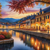 Printable Art of Italian Village Piazza at Evening with Waterfront Reflections and Autumn Foliage