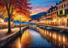 Printable Art of Italian Village Piazza at Evening with Waterfront Reflections and Autumn Foliage