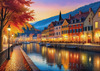Printable Art of Italian Village Piazza at Evening with Waterfront Reflections and Autumn Foliage