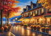 Printable Art of Italian Village Piazza at Evening with Waterfront Reflections and Autumn Foliage