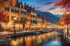 Printable Art of Italian Village Piazza at Evening with Waterfront Reflections and Autumn Foliage