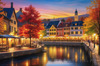 Printable Art of Italian Village Piazza at Evening with Waterfront Reflections and Autumn Foliage