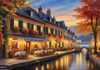 Printable Art of Italian Village Piazza at Evening with Waterfront Reflections and Autumn Foliage