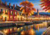 Printable Art of Italian Village Piazza at Evening with Waterfront Reflections and Autumn Foliage