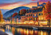 Printable Art of Italian Village Piazza at Evening with Waterfront Reflections and Autumn Foliage
