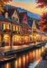 Printable Art of Italian Village Piazza at Evening with Waterfront Reflections and Autumn Foliage