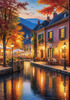 Printable Art of Italian Village Piazza at Evening with Waterfront Reflections and Autumn Foliage
