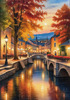 Printable Art of Italian Village Piazza at Evening with Waterfront Reflections and Autumn Foliage