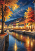 Printable Art of Italian Village Piazza at Evening with Waterfront Reflections and Autumn Foliage