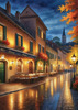 Printable Art of Italian Village Piazza at Evening with Waterfront Reflections and Autumn Foliage