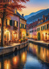 Printable Art of Italian Village Piazza at Evening with Waterfront Reflections and Autumn Foliage