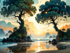 Romantic Seascape Art Print of Intertwined Trees on a Misty Beach Morning