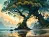 Romantic Seascape Art Print of Intertwined Trees on a Misty Beach Morning
