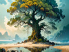 Romantic Seascape Art Print of Intertwined Trees on a Misty Beach Morning