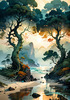 Romantic Seascape Art Print of Intertwined Trees on a Misty Beach Morning